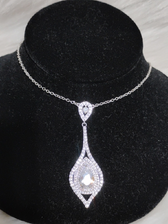 Fine Silver Plated Jewelry - SALE! Fine Silver Plated Teardrop Sparkling CZ Diamond Statement Necklace